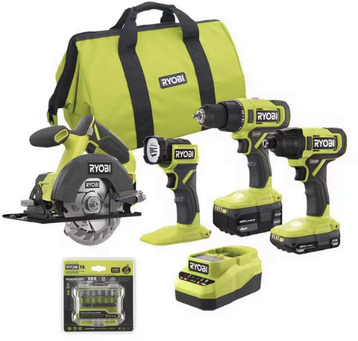 RYOBI ONE+ 18V Cordless 4-Tool Combo Kit with 1.5 Ah Battery, 4.0 Ah Battery, Charger, and Diamond Grit Driving Set 12-Piece