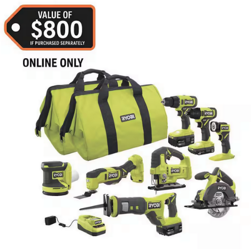 Ryobi ONE+ 18V Cordless 8-Tool Combo Kit with (1) 1.5 Ah Battery and (2) 4.0 Ah Batteries
