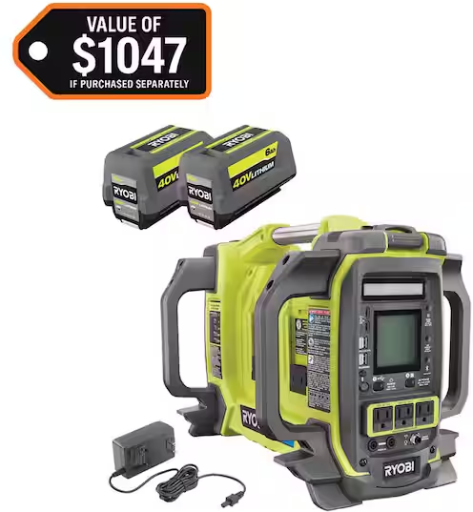 RYOBI 40V 1800-Watt Portable Battery Inverter Power Station with (2) 6.0 Ah Batteries