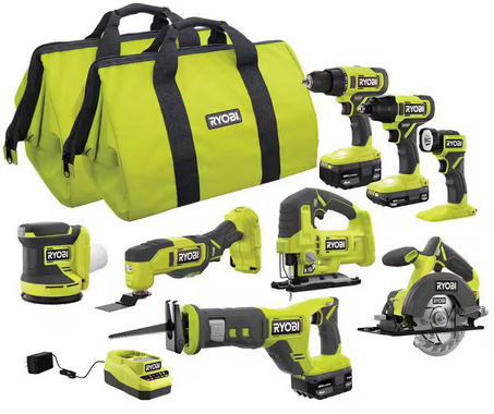 RYOBI ONE+ 18V Cordless 8-Tool Combo Kit with (1) 1.5 Ah Battery and (2) 4.0 Ah Batteries