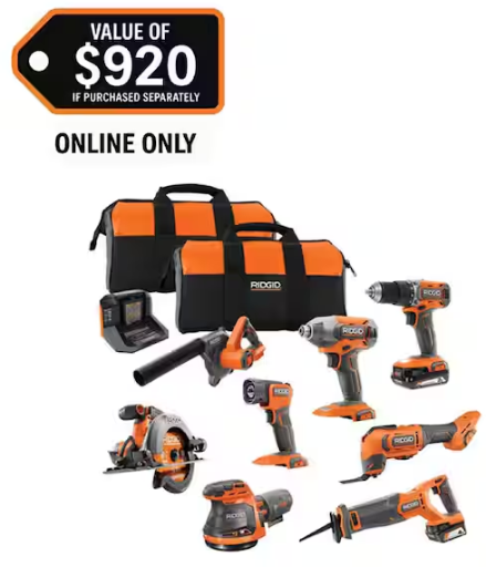 Rigid 18V Cordless 8-Tool Combo Kit with 2.0 Ah Battery, 4.0 Ah Battery