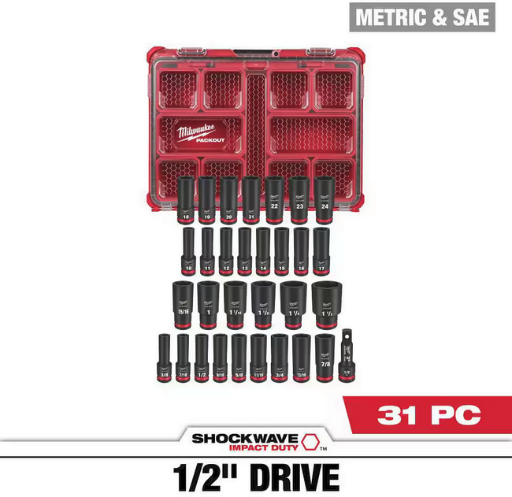 Milwaukee SHOCKWAVE Impact-Duty 1/2 in. Drive Metric and SAE Deep Well Impact PACKOUT Socket Set (31-Piece)