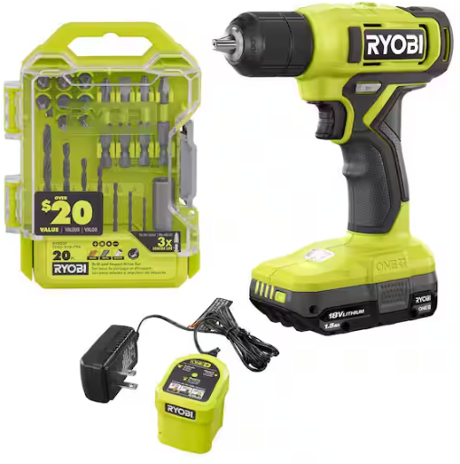 RYOBI ONE+ 18V Cordless 3/8 in. Drill/Driver Kit with 1.5 Ah Battery, Charger, and Drill and Impact Drive Kit (20-Piece)