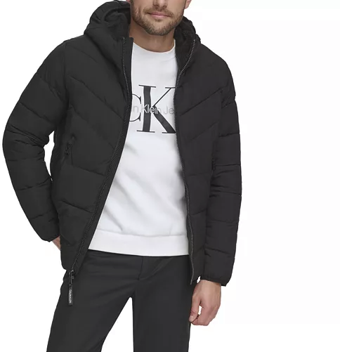 Calvin Klein Mens Chevron Stretch Jacket with Sherpa-Lined Hood