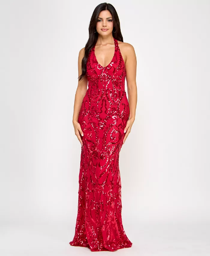 B Darlin Juniors Sequined Halter Neck Evening Gown