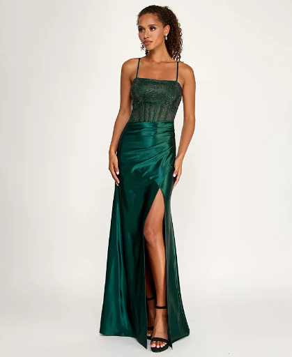 City Studios Juniors Square-Neck Side-Slit Gown