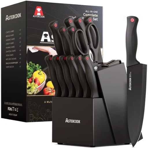 Astercook 15-Piece Kitchen Knife Set with Built-in Sharpener