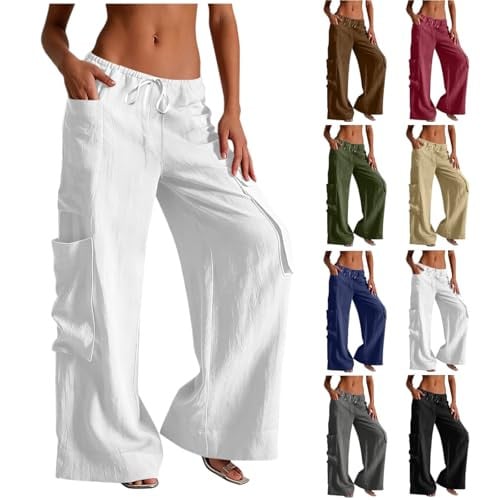 Linen Drawstring Elastic Waist Baggy Wide Leg Pant  