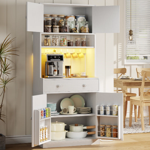 Farmhouse Pantry Cabinet with Power Outlet  LED Light (71.65 H X 28.5 W X 11.81 D)