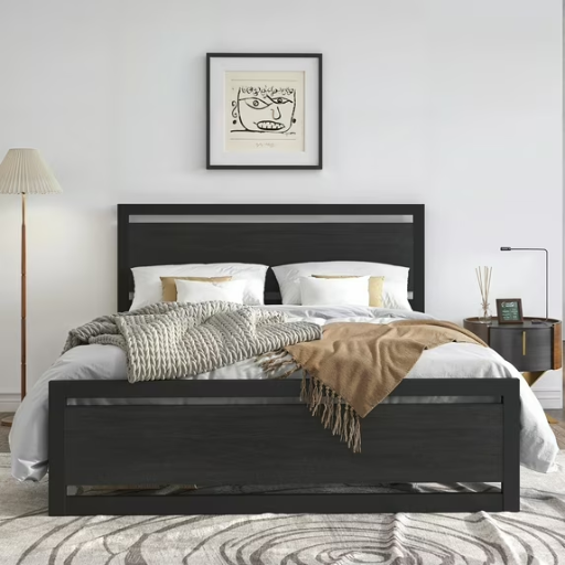 Amolife Metal Platform Bed Frame w/ Wooden Headboard (Queen; Black)