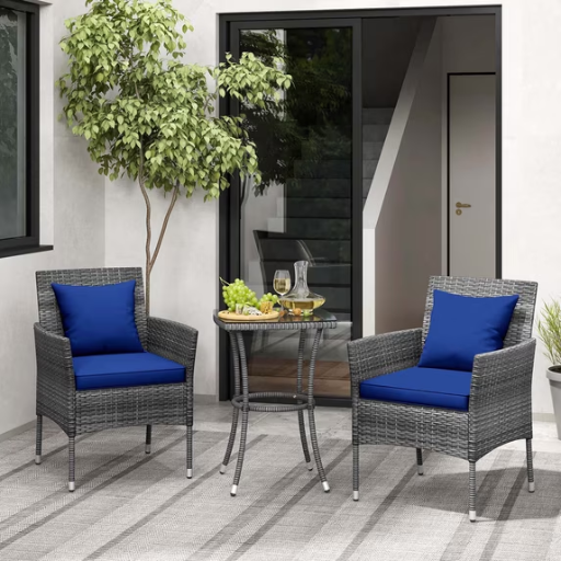 Costway 3 PCS Patio Furniture Set with Cushioned Patio Chairs  Tempered Glass Coffee Table Navy