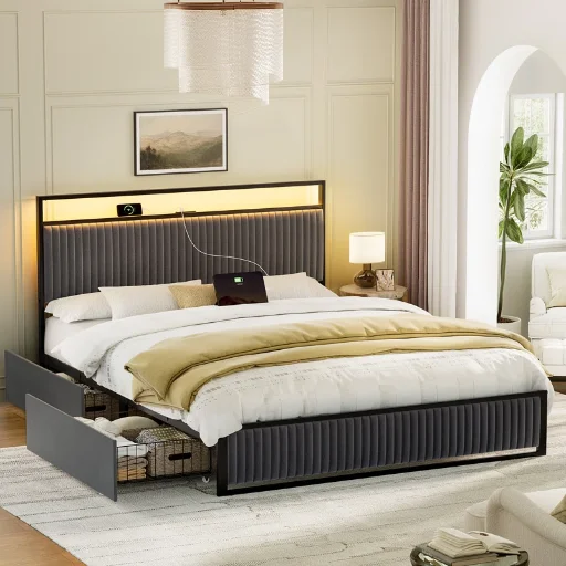 Ebern Designs Antioch Upholstered Platform Bed with 2-Drawer Storage and Charging Station (Full, Dark Grey)