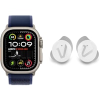 Apple Watch Ultra 2 GPS + Cellular 49mm Natural Titanium Case with Blue Trail Loop - M/L + Veho RHOX True Wireless Earphones - Fusion White