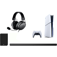 Sony PlayStation 5 Slim Console Disc Edition + LG SN10YG 5.1.2 Channel High Res Audio Sound Bar + Alpha Bravo GX-4 Pro Gaming Headset