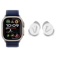 Apple Watch Ultra 2 GPS + Cellular 49mm Natural Titanium Case with Blue Trail Loop - S/M + Veho RHOX True Wireless Earphones - Fusion White