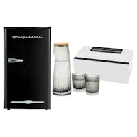 Frigidaire Retro Compact Fridge with Chiller - 3.2 cu ft - Black + Joshua Steinberg - Igor Straight Carafe and Tumbler, Set of three