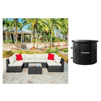 AlphaTank Zeno Ice Pod XL + Sunscape 7 Pc Patio Furniture Wicker Conversation Set - Black/Off-White