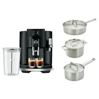 Jura E8 Automatic Coffee Machine with Glass Milk Container + Aava - Elements Pot & Pans Bundle