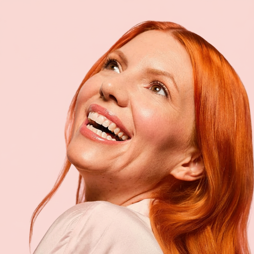 A woman with bright orange hair laughs looking up against a pink background.