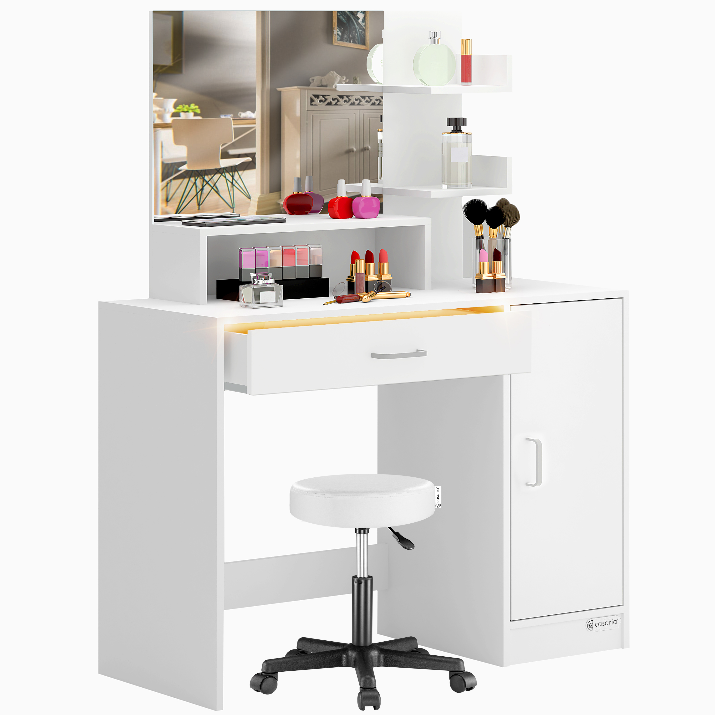 Image of Schminktisch Jocelyn Weiß 140x90x40cm inkl Rollhocker