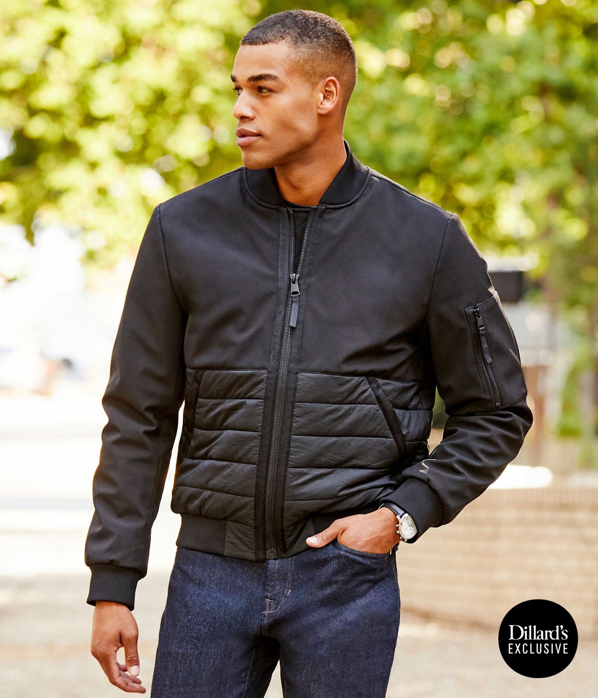 Murano Softshell Mixed Media Bomber Jacket, $149