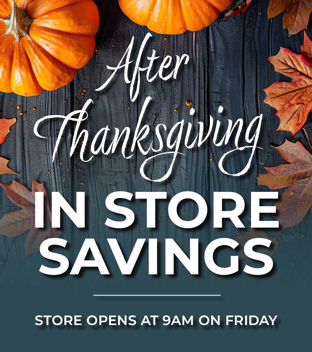 After Thanksgiving - IN STORE SAVINGS - Store opens at 9AM on Friday.