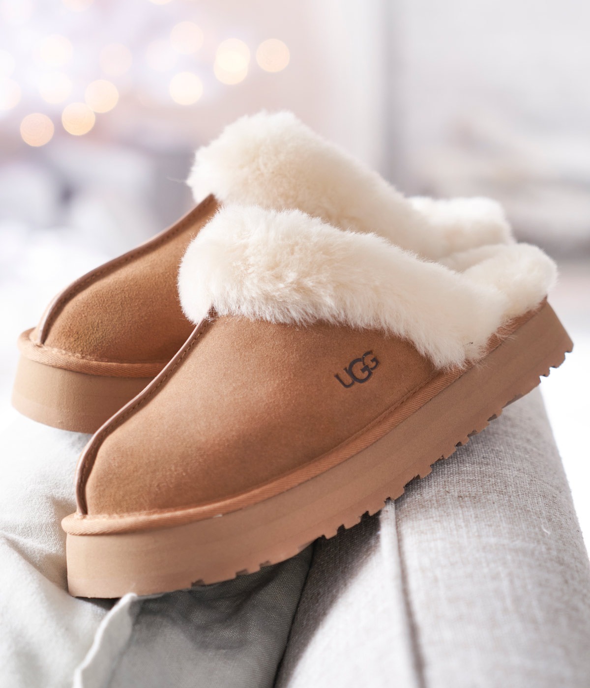 UGG® Disquette Suede Fur Platform Slippers, $110