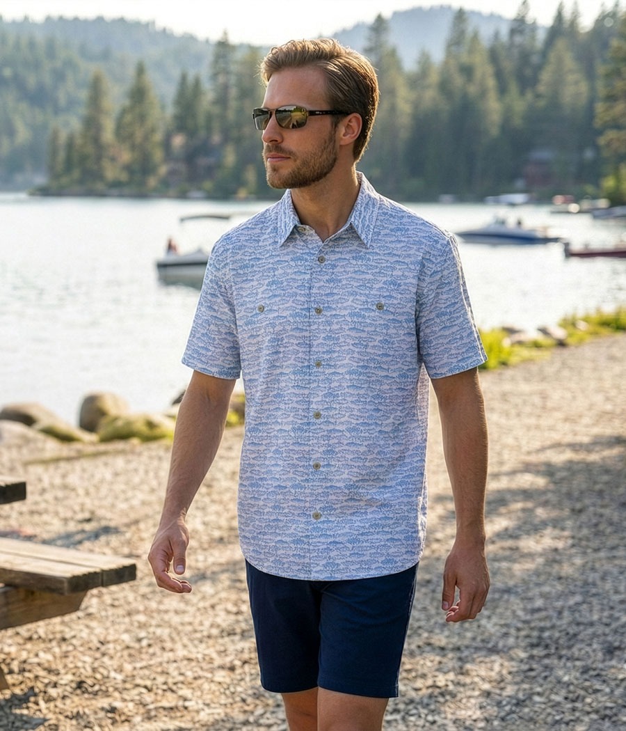 The Charter Vented Performance Button Front Collar Short Sleeve Fish Print Sport Shirt The Fairway 9" Flat Front Performance Shorts More colors available.