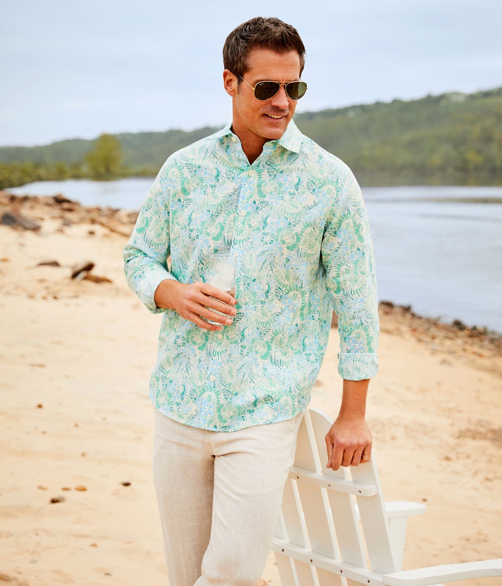 Solid Long Sleeve Woven Shirt Coastal Linen Flat Front Pants