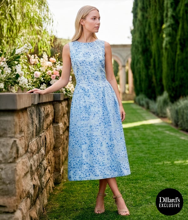 Alex Marie® Dahlia Floral Print Round Neck Sleeveless Midi Dress