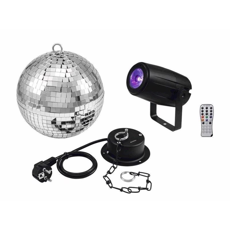 Image of Spejlkugle sæt 20 cm. Med motor, 5W LED spot med farver & remote