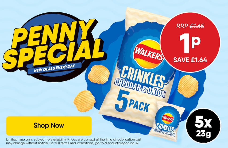 5 x Walkers cheddar & onion 23g bags - 1p