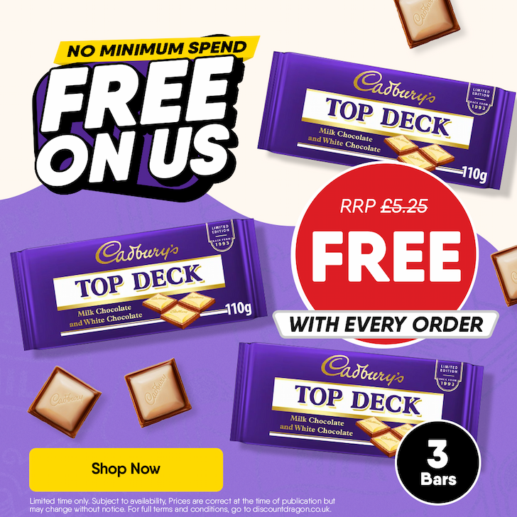 3 x 110g Cadbury Top Deck bars free every order