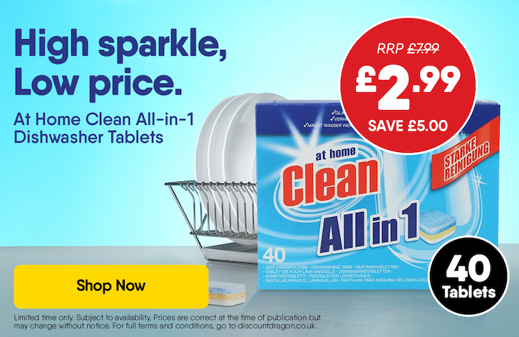 40 x 18g Tablets At Home Clean All-In-1 Dishwasher Tabs