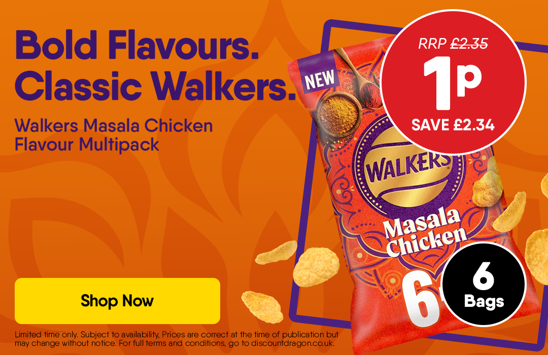 6 x 25g Packs Walkers Crisps Masala Chicken Flavour Multipack Crisps