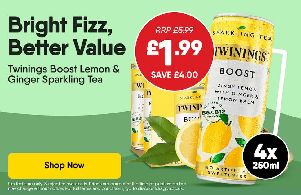 4 x 250ml Cans Twinings Boost - Lemon and Ginger Flavoured Sparkling Tea