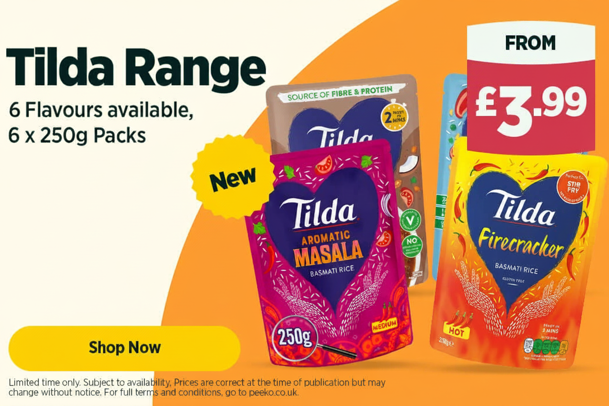 Tilda rice range with 6 flavors, 6x250g packs, on sale for £3.99.