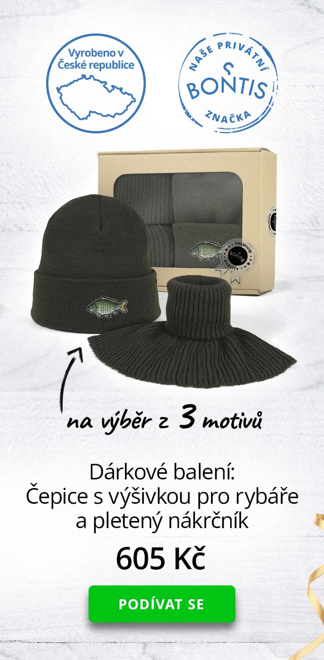 Dárkové balení: Čepice s výšivkou pro rybáře a pletený nákrčník 