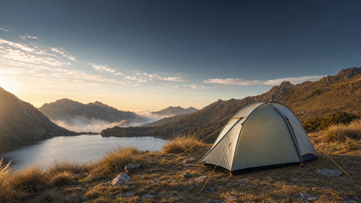 A lightweight hiking tent pitched beside an alpine lake at sunrise