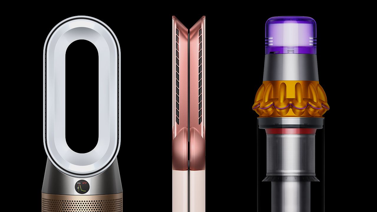 A selection of Dyson machines, including air purifiers, cordless vacuums and hair styling devices.