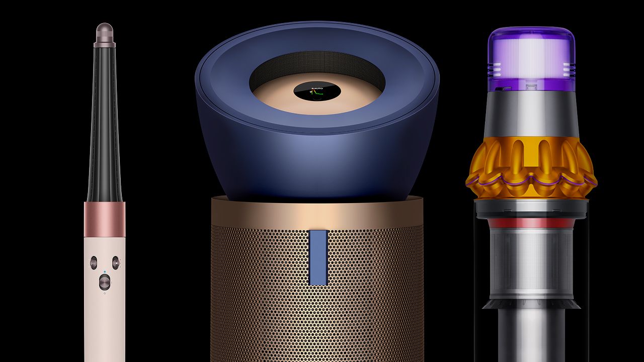 Een selectie van Dyson-apparaten, waaronder luchtreinigers, snoerloze stofzuigers en haarstylingapparaten.