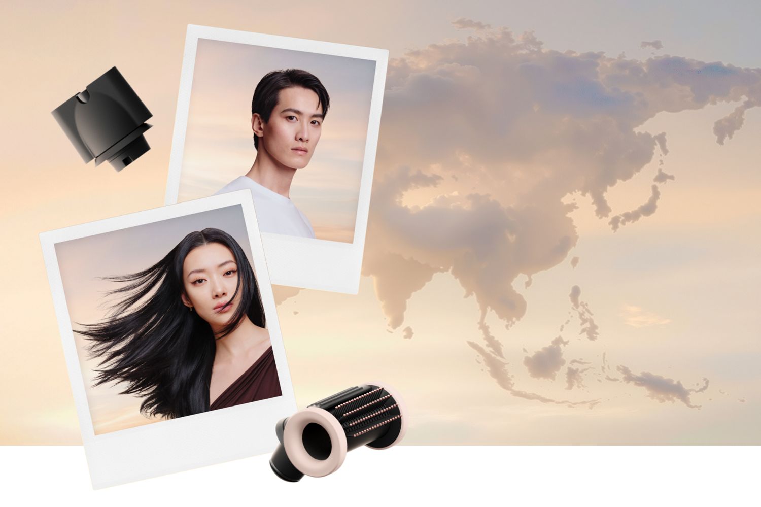 Polaroids van modellen naast Dyson Supersonic opzetstukken en wolken die een wereldkaart voorstellen.