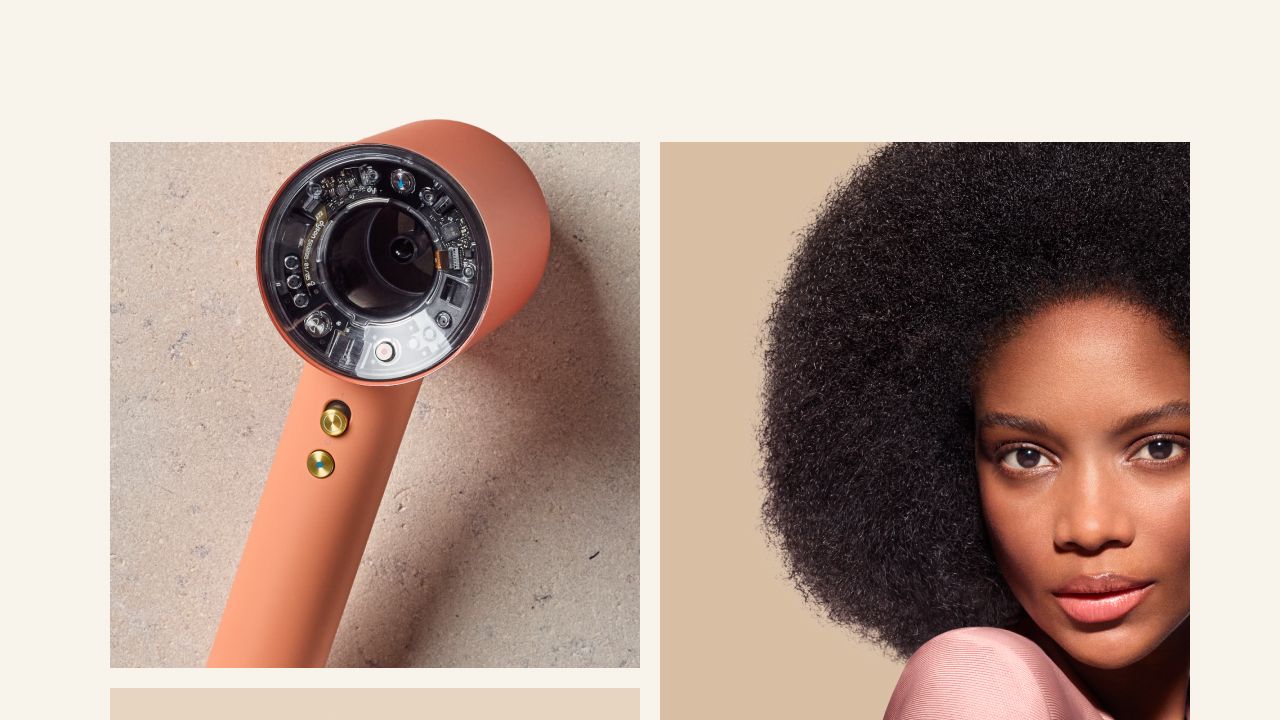 Een collage van Dyson Beauty-apparaten en modellen met perfect gestyled haar.