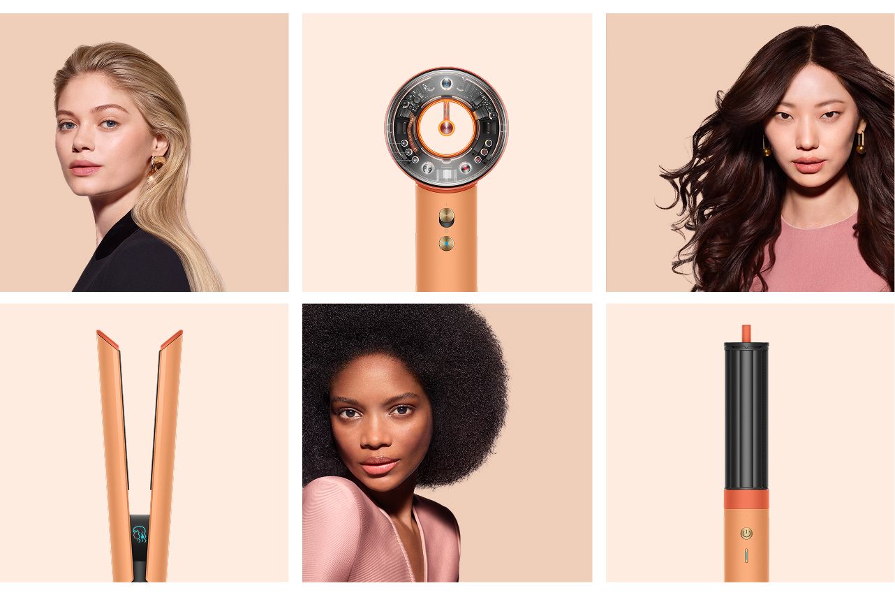 Een collage van Dyson Beauty-apparaten en modellen met perfect gestyled haar.