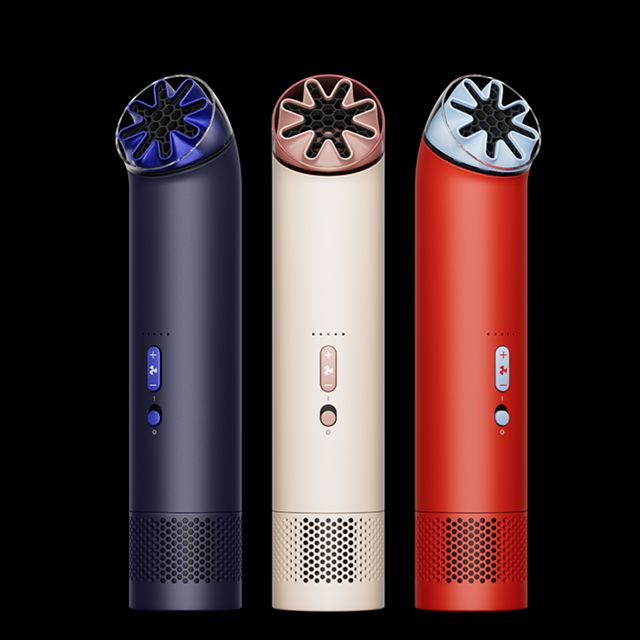 De draagbare Dyson HushJet Mini Cool ventilator in verschillende kleuren.