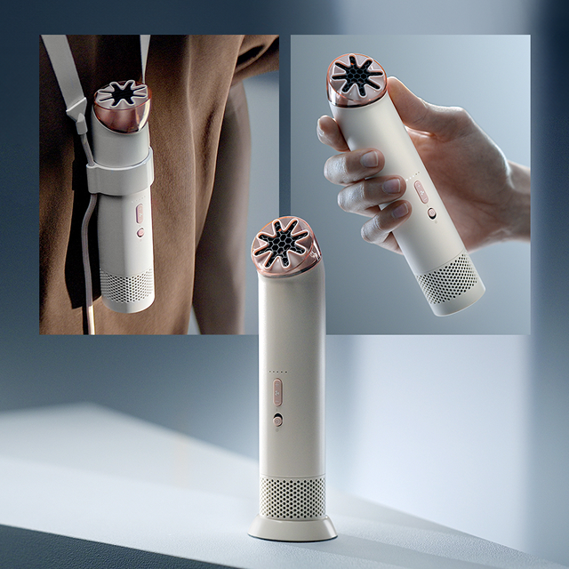 Dyson HushJet Mini Cool ventilator in een hand, gedragen in de halshouder en in de oplaadstandaard geplaatst.