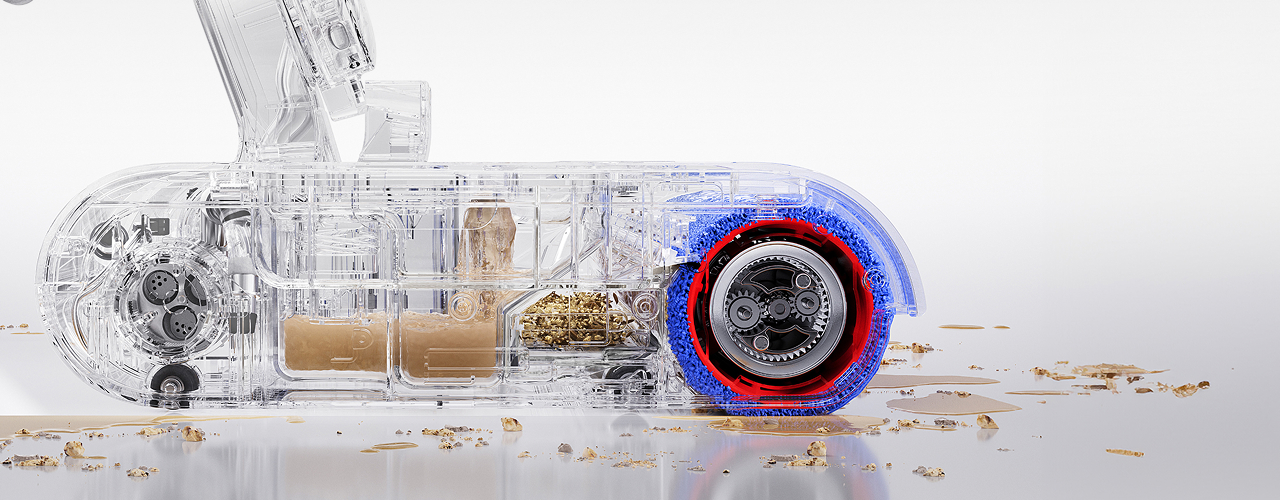 Cutaway showing how Dyson wet cleaner heads separate debris and wash with clean water.