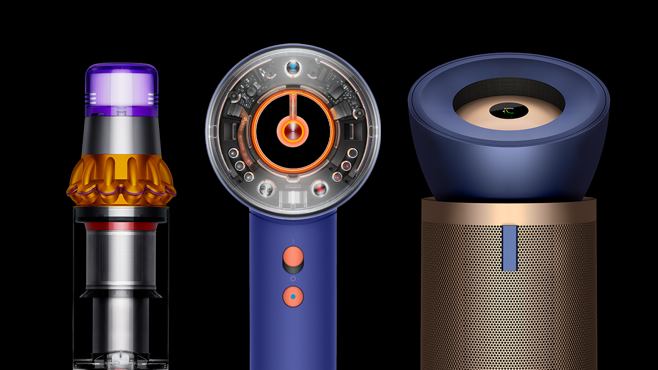 A selection of Dyson machines, including air purifiers, cordless vacuums and hair styling devices.