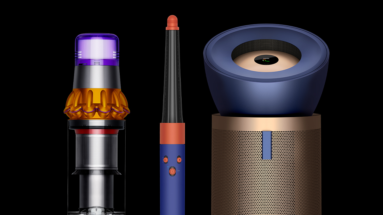 A selection of Dyson machines, including air purifiers, cordless vacuums and hair styling devices.