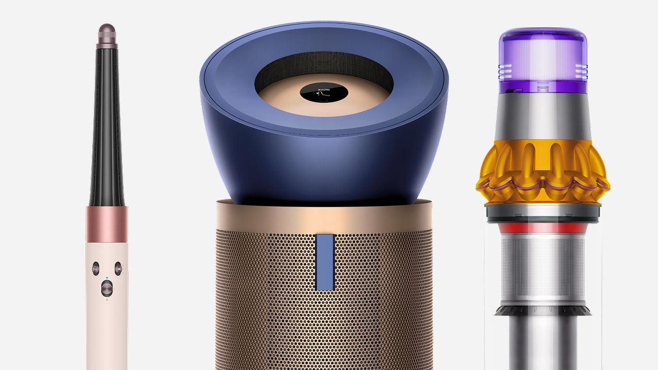A selection of Dyson machines, including air purifiers, cordless vacuums and hair styling devices.